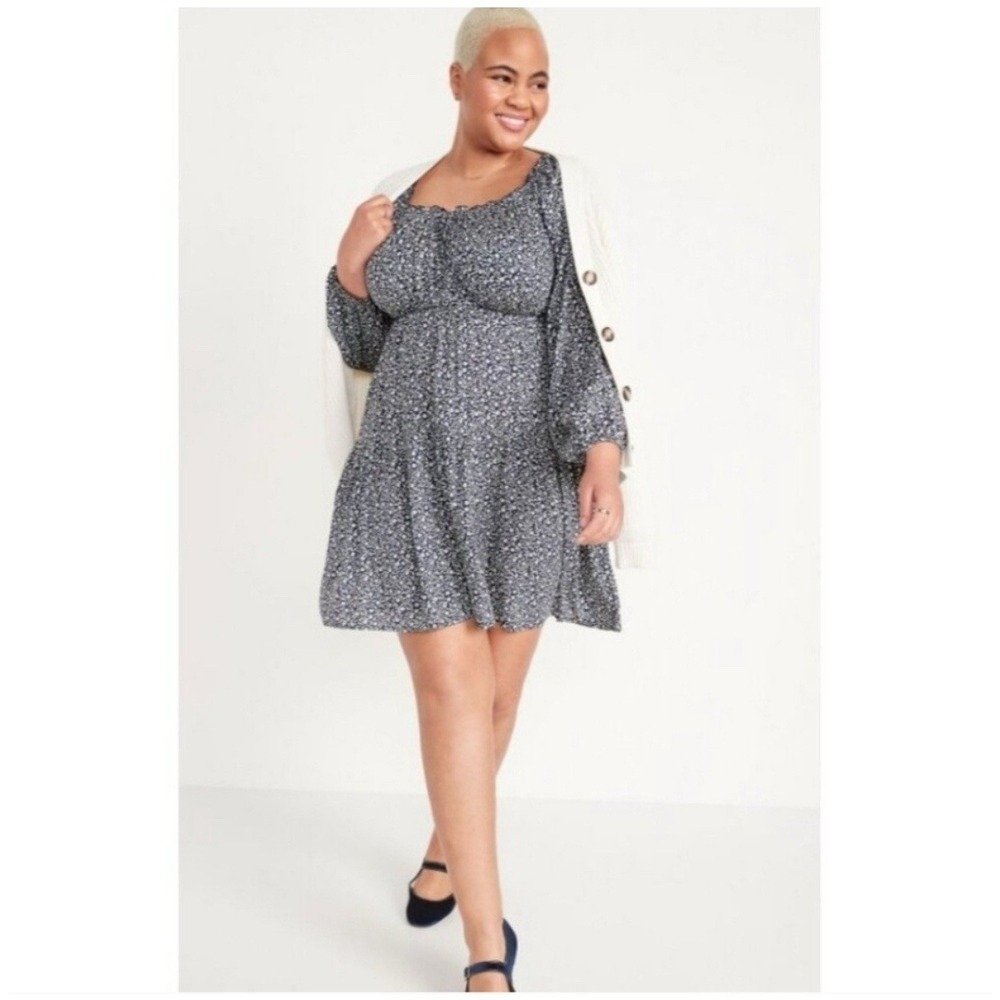Old Navy Poet Swing Puff Sleeve Mini Dress Navy Blue Ditsy Floral Women's Small